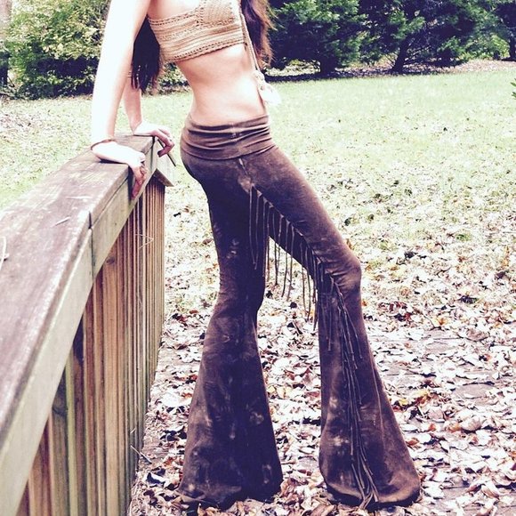 SHORT LENGTH Hiphugger Fringe Bell Bottoms in BROWN TIE DYE Rocker Festival Boho - Picture 10 of 13